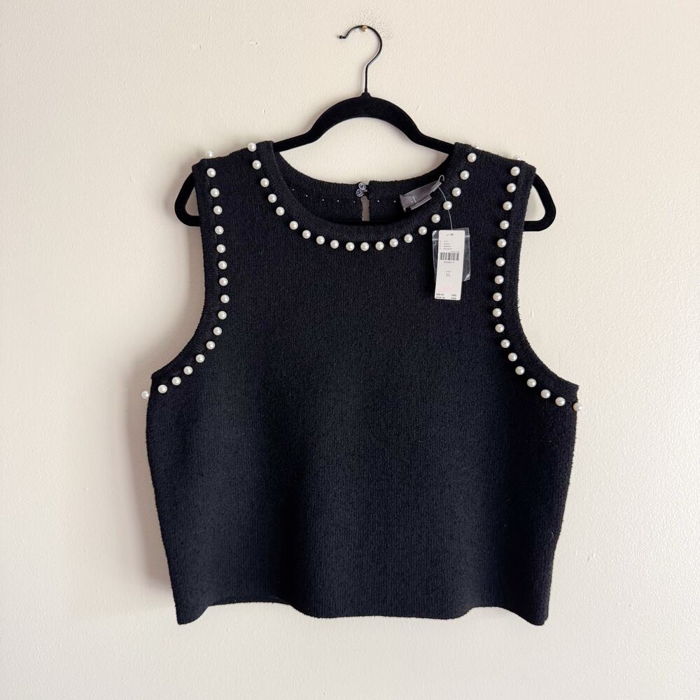 By Anthropologie Black Pearl Trim Cropped Structured Sweater Tank XL NWT Preppy